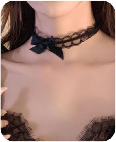 Bravace الدانتيل القوس المختنق قلادة للنساء داينتي طبقة واحدة الباليه الدانتيل طوق أنيق أسود لوليتا القوطية حزب الرقبة مجوهرات رومانسية قابل للتعديل الشريط الساتان شيك بيان قطعة هدية in Kuwait