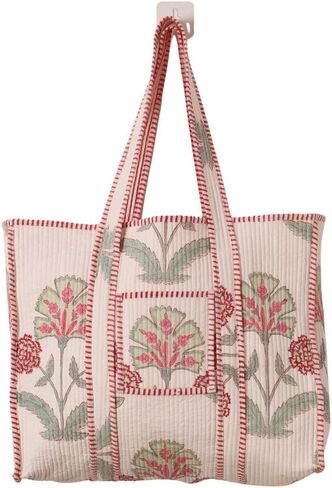 Quilted Cotton Tote Bag, Floral Print, Red and Pink Striped Trim, Shoulder Handles, Reversible Design in Saudi Arabia