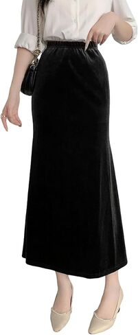 تنورة نسائية خريف وشتاء مرنة عالية الخصر مخملية ميدي طويلة مطوي حورية البحر فلوي سوينغ مكشكشة على شكل حرف a ماكسي تنورة in Kuwait