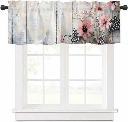 Window Valance Curtain, Spring Pink Flowers Light Wood Grain Shade Short Curtain for Kitchen Bathroom Living Room Bedroom Privacy Rod Pocket Drapes 54" W x 18" L 1 Panel in Saudi Arabia