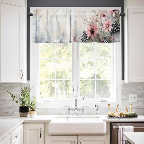 Window Valance Curtain, Spring Pink Flowers Light Wood Grain Shade Short Curtain for Kitchen Bathroom Living Room Bedroom Privacy Rod Pocket Drapes 54" W x 18" L 1 Panel in Saudi Arabia