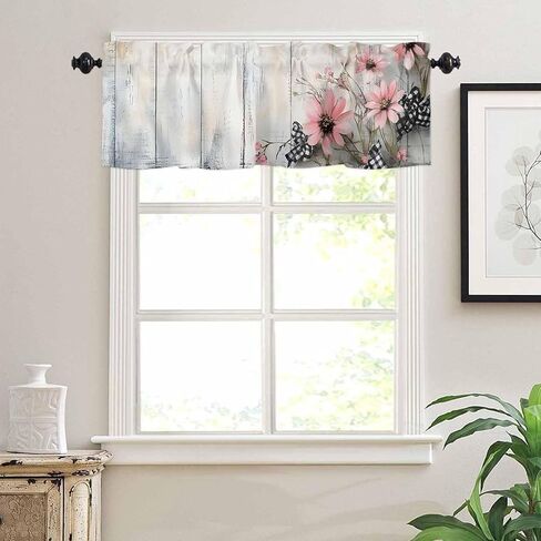Window Valance Curtain, Spring Pink Flowers Light Wood Grain Shade Short Curtain for Kitchen Bathroom Living Room Bedroom Privacy Rod Pocket Drapes 54" W x 18" L 1 Panel in Saudi Arabia