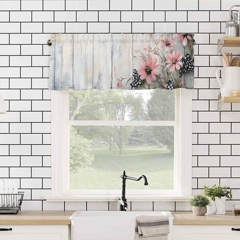 Window Valance Curtain, Spring Pink Flowers Light Wood Grain Shade Short Curtain for Kitchen Bathroom Living Room Bedroom Privacy Rod Pocket Drapes 54" W x 18" L 1 Panel in Saudi Arabia