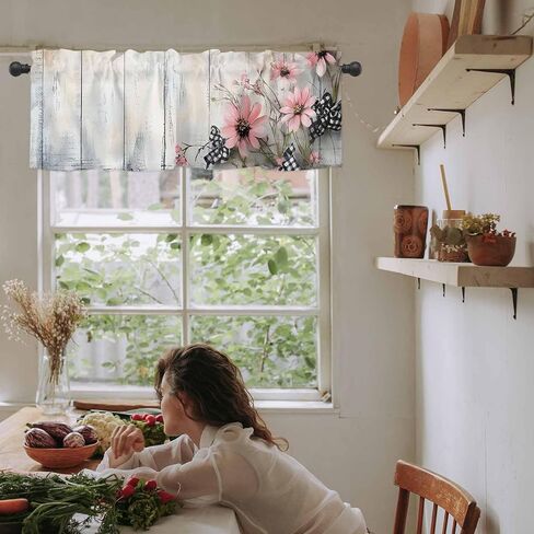 Window Valance Curtain, Spring Pink Flowers Light Wood Grain Shade Short Curtain for Kitchen Bathroom Living Room Bedroom Privacy Rod Pocket Drapes 54" W x 18" L 1 Panel in Saudi Arabia