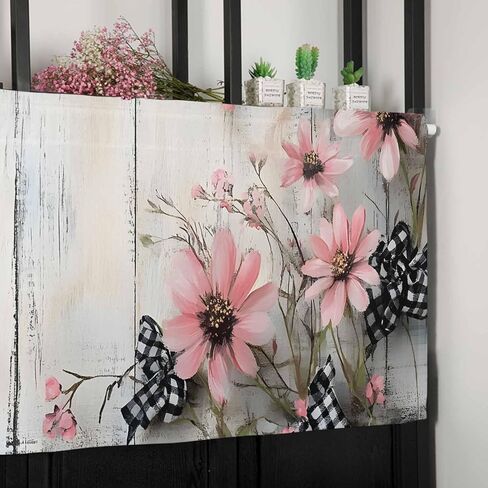 Window Valance Curtain, Spring Pink Flowers Light Wood Grain Shade Short Curtain for Kitchen Bathroom Living Room Bedroom Privacy Rod Pocket Drapes 54" W x 18" L 1 Panel in Saudi Arabia