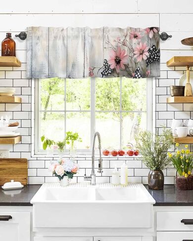 Window Valance Curtain, Spring Pink Flowers Light Wood Grain Shade Short Curtain for Kitchen Bathroom Living Room Bedroom Privacy Rod Pocket Drapes 54" W x 18" L 1 Panel in Saudi Arabia