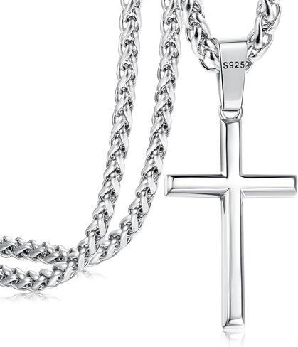 Sterling Silver Cross Necklace for Men Women Silver Cross Pendant with 3mm Durable Stainless Steel Wheat Cross Chain, Crucifix Pendant Mens Cross Necklace Jewelry 16-30inch in Saudi Arabia