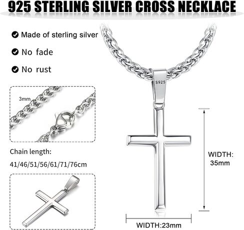 Sterling Silver Cross Necklace for Men Women Silver Cross Pendant with 3mm Durable Stainless Steel Wheat Cross Chain, Crucifix Pendant Mens Cross Necklace Jewelry 16-30inch in Saudi Arabia