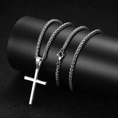 Sterling Silver Cross Necklace for Men Women Silver Cross Pendant with 3mm Durable Stainless Steel Wheat Cross Chain, Crucifix Pendant Mens Cross Necklace Jewelry 16-30inch in Saudi Arabia