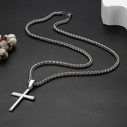 Sterling Silver Cross Necklace for Men Women Silver Cross Pendant with 3mm Durable Stainless Steel Wheat Cross Chain, Crucifix Pendant Mens Cross Necklace Jewelry 16-30inch in Saudi Arabia