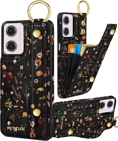 حافظة Petitian for Moto G Play 2024 مع محفظة - للنساء والفتيات اللطيفة ذات التصميم الجمالي الفريد من نوعه من الجلد حامل بطاقة الائتمان وسوار معصم لهاتف Motorola G Play 2024، زهرة in Kuwait