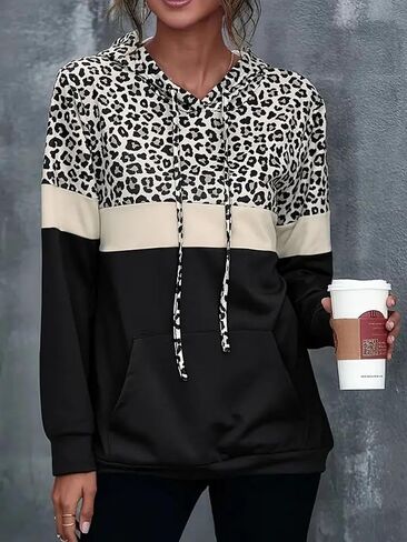 Women's Casual Long Sleeve Pullover Sweatshirt Leopard Print Loose Hoodie Fall Fashion Outfits Clothes in Saudi Arabia