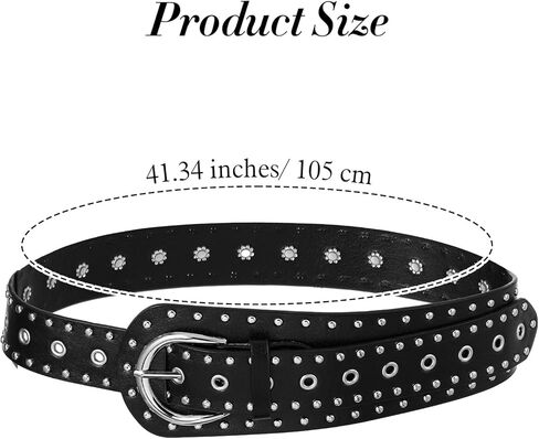 حزام مرصع أسود سميك من Sorcristy للنساء، حزام Y2k من جلد البولي يوريثان، أحزمة راعية البقر الغربية العتيقة، أحزمة جلدية PU عصرية سوداء اللون لفساتين سراويل الجينز (41.34 بوصة) in Kuwait