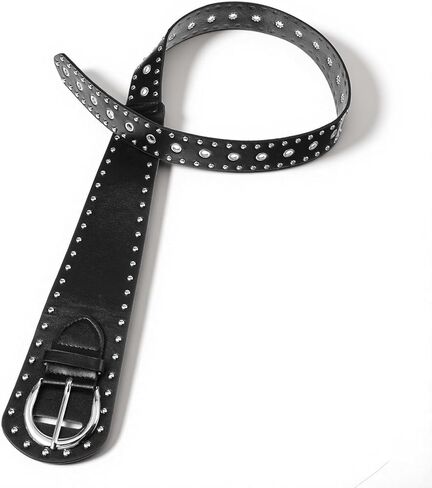 حزام مرصع أسود سميك من Sorcristy للنساء، حزام Y2k من جلد البولي يوريثان، أحزمة راعية البقر الغربية العتيقة، أحزمة جلدية PU عصرية سوداء اللون لفساتين سراويل الجينز (41.34 بوصة) in Kuwait