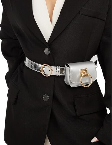 Women Holographic Waist Belt with Mini Purse Y2K PU Leather Belts Dresses for Jeans Pants in Saudi Arabia