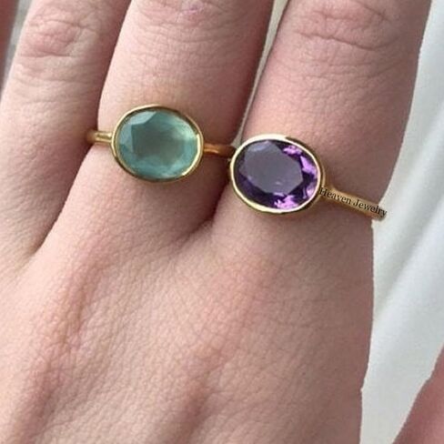 HJ STORE 925 Solid Silver Band | Natural Amethyst Gemstone Statement Stacking Rings For Women & Men | 10x12 mm | Oval Shape Ring in Saudi Arabia