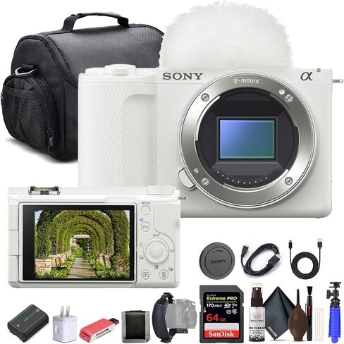 كاميرا Sony Alpha ZV-E10 II غير المرآة (الجسم فقط ، أسود) (ZVE10M2KB) ، بطاقة ذاكرة 64 جيجابايت ، حقيبة ، قارئ البطاقة ، كابل HDMI ، ترايبود مرن ، حزام يدوي ، محفظة للذاكرة ، طقم التنظيف in Kuwait
