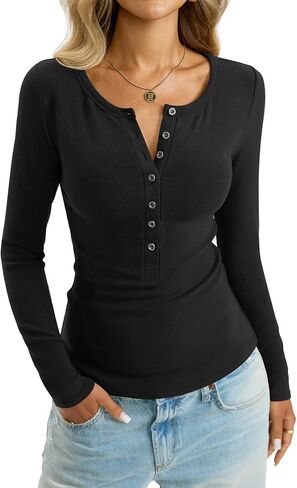 EasyGala Womens Henley Long Sleeve Shirt Cotton Ribbed Crewneck Tops Sexy Button Down Tee Layering Basic Fitted T Shirts 2026 in Saudi Arabia
