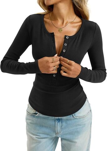 EasyGala Womens Henley Long Sleeve Shirt Cotton Ribbed Crewneck Tops Sexy Button Down Tee Layering Basic Fitted T Shirts 2026 in Saudi Arabia