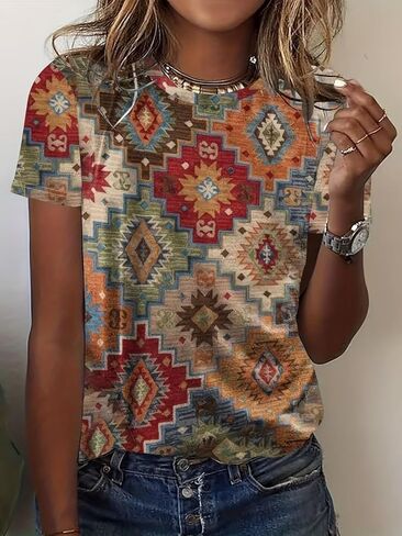 Women‘s Bohemian Aztec Print Short Sleeve Vintage Ethnic Pattern Casual Tops Loose Fit Summer T-Shirt in Saudi Arabia