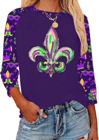 Mardi Gras Shirts for Women: Carnival Graphic 3/4 Sleeve New Orleans Mardi Gras Party Outfits Fat Tuesday Tops in Saudi Arabia