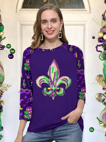 Mardi Gras Shirts for Women: Carnival Graphic 3/4 Sleeve New Orleans Mardi Gras Party Outfits Fat Tuesday Tops in Saudi Arabia
