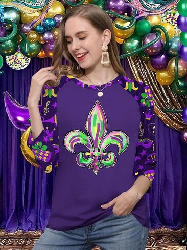 Mardi Gras Shirts for Women: Carnival Graphic 3/4 Sleeve New Orleans Mardi Gras Party Outfits Fat Tuesday Tops in Saudi Arabia