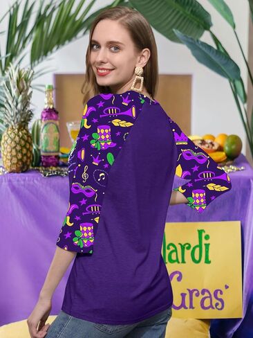 Mardi Gras Shirts for Women: Carnival Graphic 3/4 Sleeve New Orleans Mardi Gras Party Outfits Fat Tuesday Tops in Saudi Arabia