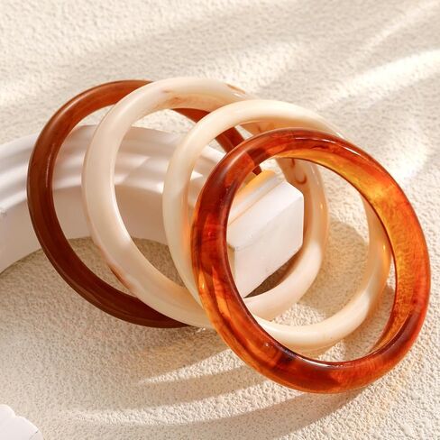 ZZQPSD Chunky Gold Bracelet Stack for Women - 4Pcs Stackable Bangles Set with Tortoise Shell & Jelly Styles, Fashion Statement Jewelry in Saudi Arabia