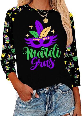 Mardi Gras Shirts for Women: Carnival Graphic 3/4 Sleeve New Orleans Mardi Gras Party Outfits Fat Tuesday Tops in Saudi Arabia