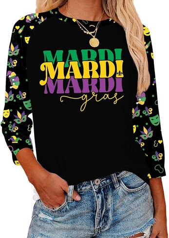 Mardi Gras Shirts for Women: Carnival Graphic 3/4 Sleeve New Orleans Mardi Gras Party Outfits Fat Tuesday Tops in Saudi Arabia
