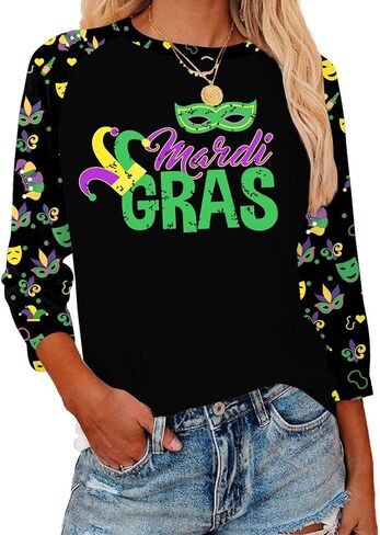 Mardi Gras Shirts for Women: Carnival Graphic 3/4 Sleeve New Orleans Mardi Gras Party Outfits Fat Tuesday Tops in Saudi Arabia
