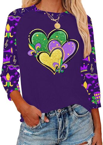 Mardi Gras Shirts for Women: Carnival Graphic 3/4 Sleeve New Orleans Mardi Gras Party Outfits Fat Tuesday Tops in Saudi Arabia