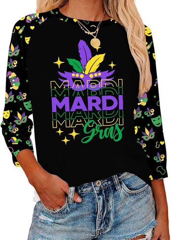 Mardi Gras Shirts for Women: Carnival Graphic 3/4 Sleeve New Orleans Mardi Gras Party Outfits Fat Tuesday Tops in Saudi Arabia