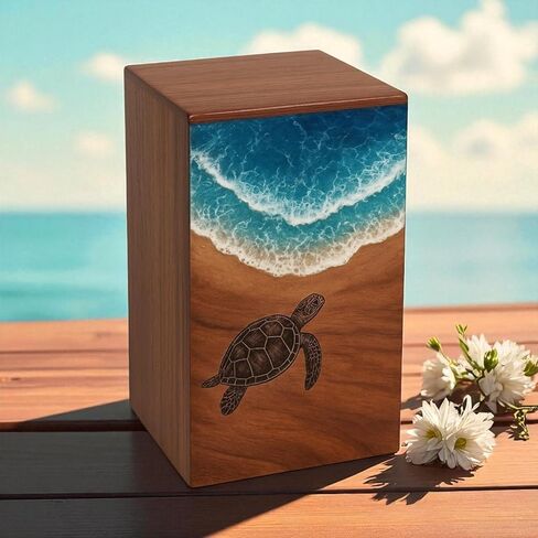 جرة خشبية مصنوعة يدويًا من خشب الورد مع فن راتنج موجة المحيط ونقش السلحفاة | جرة تخزين مزخرفة ممتازة| صندوق هدايا مصنوع يدويًا لديكور المنزل والمجوهرات والتذكارات (14 بوصة × 7.5 بوصة (576 مكعب/بوصة)) in Kuwait