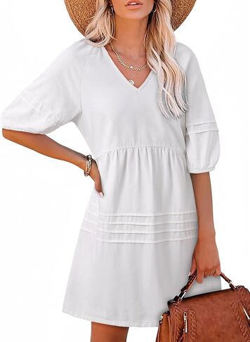 Dokotoo Denim Dress for Women Casual V Neck Puff Short Sleeve Mini Jean Dress Cute Back Tie Summer Dresses in Saudi Arabia