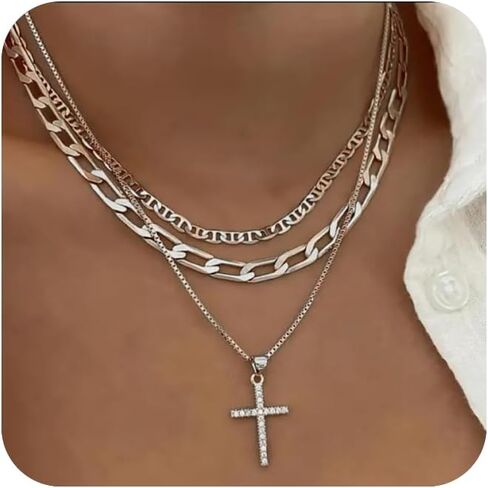 Pancert Cross Necklace for Women,Stackable Stacked Stacking Layering Layered Necklaces Dainty Gold Necklace Paperclip Box Flat Mariner Chain Necklace Cross Pendant CZ Diamond Simple Girls Jewelry Gift in Saudi Arabia