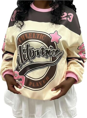 RoseSeek Women's Letter Graphic Sweatshirt Color Block Crew Neck Pullover Sweatshirts Streetwear Tops in Saudi Arabia