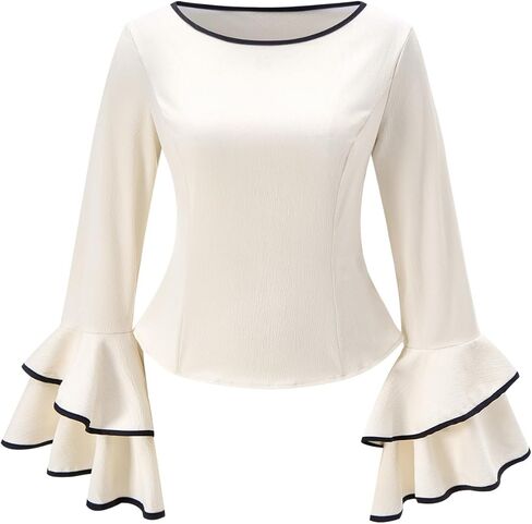 winkbay Women's Elegant Layered Ruffle Bell Sleeve Tops Dressy Casual Crew Neck Fitted Work Blouses in Saudi Arabia