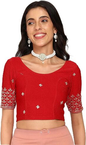 Stretchable Blouse for Women – Fits Bust 26" Relaxed to 34" Stretched,Polyester Spandex Crepe,Embroidered, Comfortable Fit in Saudi Arabia