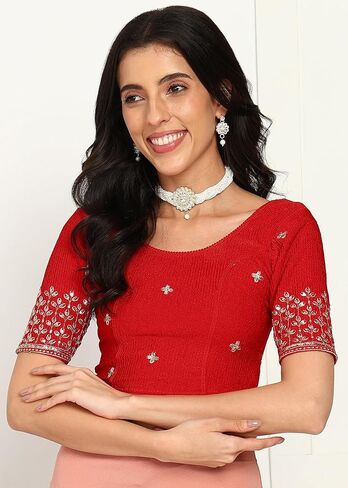 Stretchable Blouse for Women – Fits Bust 26" Relaxed to 34" Stretched,Polyester Spandex Crepe,Embroidered, Comfortable Fit in Saudi Arabia