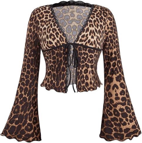 GORGLITTER Women's Plus Size Cheetah Print Tie Front Crop Top Animal Lace Bell Long Sleeve Blouse Shirt Holiday Outfits in Saudi Arabia