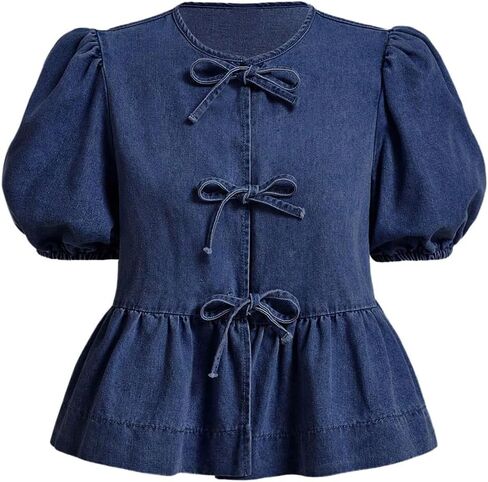 GORGLITTER المرأة القوس التعادل الجبهة الدنيم قميص نفخة قصيرة الأكمام Crewneck كشكش تنحنح Peplum بلوزة in Saudi Arabia