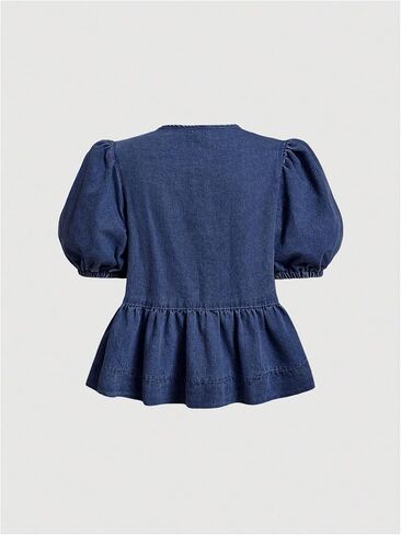 GORGLITTER المرأة القوس التعادل الجبهة الدنيم قميص نفخة قصيرة الأكمام Crewneck كشكش تنحنح Peplum بلوزة in Saudi Arabia