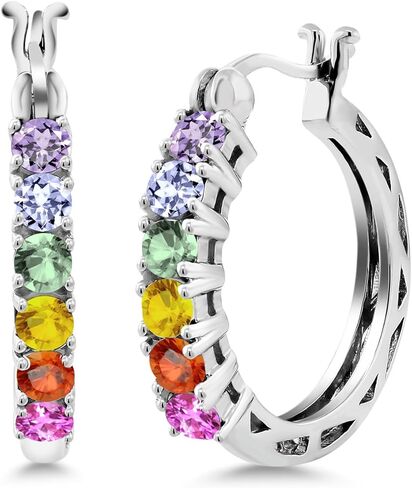 أقراط دائرية من الفضة الإسترلينية 925 من Gem Stone King متعددة الألوان من الياقوت للنساء (1.56 قيراط، 22 مم = قطر 0.85 بوصة) in Saudi Arabia