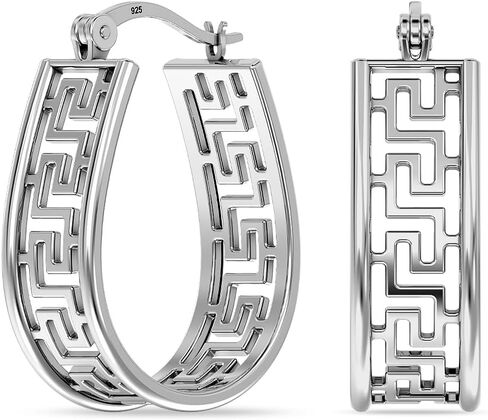 Charmsy 925 Sterling Silver Hoop Earrings for Women | Greek Key Pattern & Textured Hoop Earrings | Women's U-Shape Hoops Earrings with Click-Top Closure in Saudi Arabia