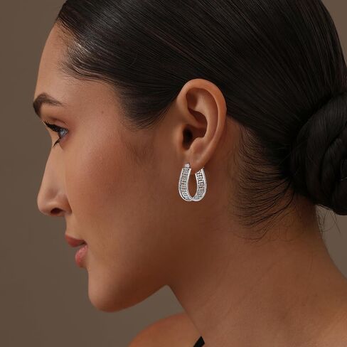 Charmsy 925 Sterling Silver Hoop Earrings for Women | Greek Key Pattern & Textured Hoop Earrings | Women's U-Shape Hoops Earrings with Click-Top Closure in Saudi Arabia