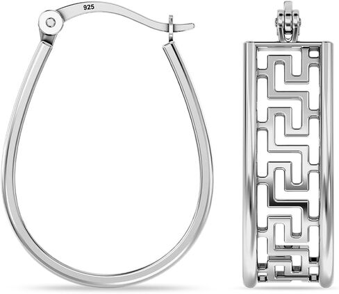 Charmsy 925 Sterling Silver Hoop Earrings for Women | Greek Key Pattern & Textured Hoop Earrings | Women's U-Shape Hoops Earrings with Click-Top Closure in Saudi Arabia