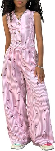 Floerns Girl's 2 Piece Outfits Elegant Striped Sleeveless Suit Vest & Long Elastic Casual Pants Set in Saudi Arabia