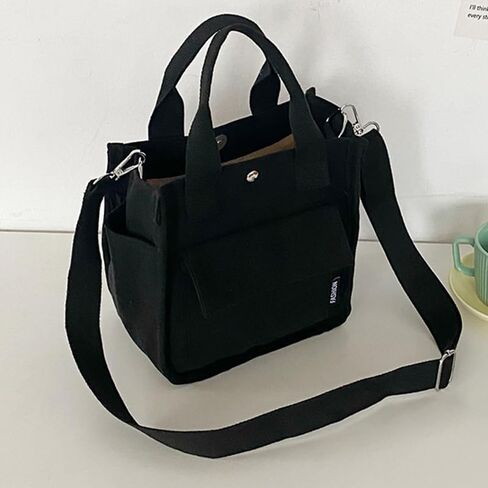 Canvas Tote Bag for Women, Casual Crossbody Shoulder Handbag with Multi-Pocket and Detachable Shoulder Strap, Durable Material, Black in Saudi Arabia
